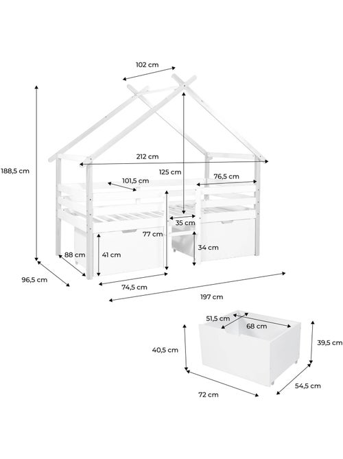 Lit cabane enfant 90 x 190 cm bois de pin sommier à lattes inclus et 2 tiroirs Sienna - Kiabi
