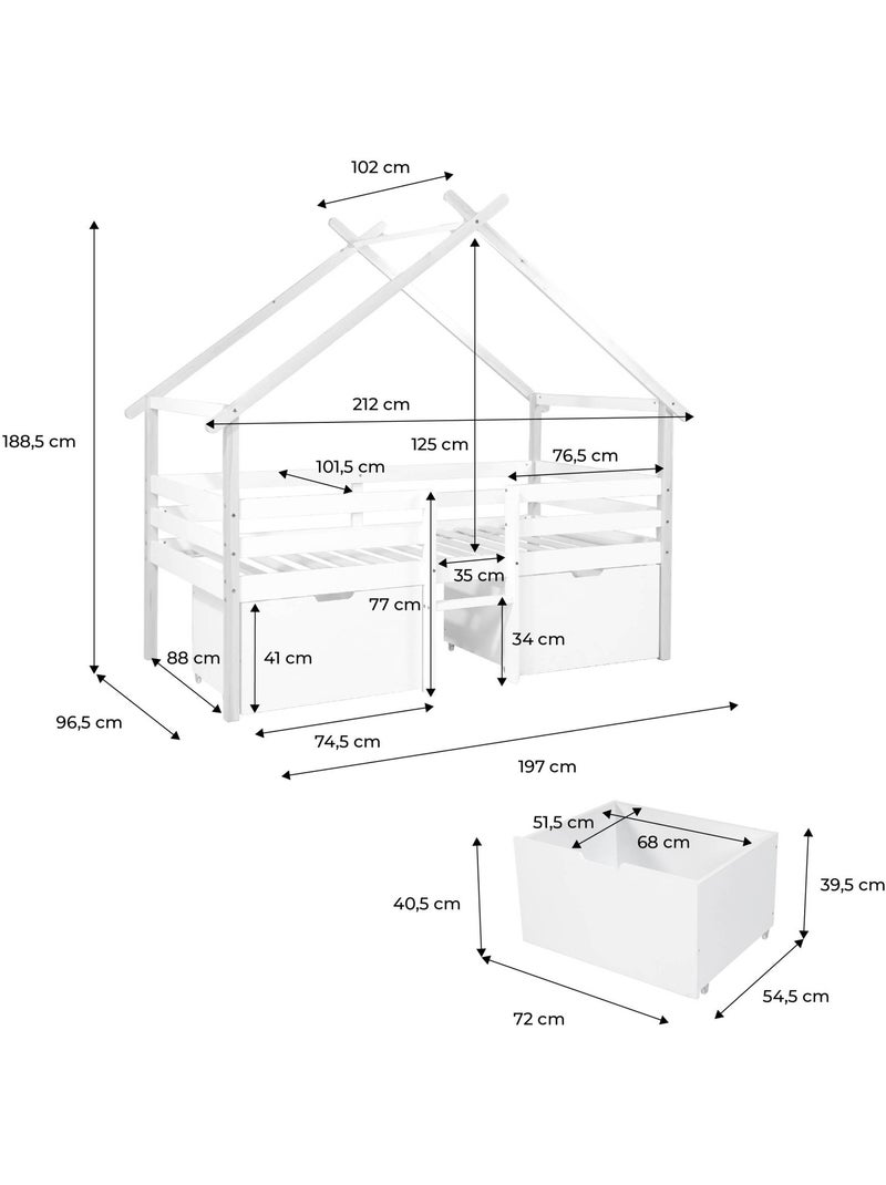 Lit cabane enfant 90 x 190 cm bois de pin sommier à lattes inclus et 2 tiroirs Sienna Blanc - Kiabi