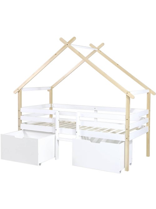 Lit cabane enfant 90 x 190 cm bois de pin sommier à lattes inclus et 2 tiroirs Sienna - Kiabi
