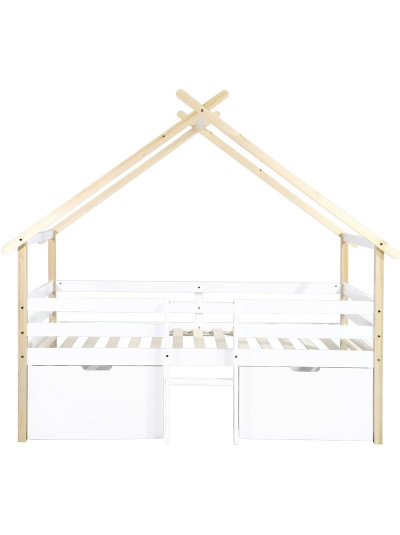 Lit cabane enfant 90 x 190 cm bois de pin sommier à lattes inclus et 2 tiroirs Sienna Blanc - Kiabi