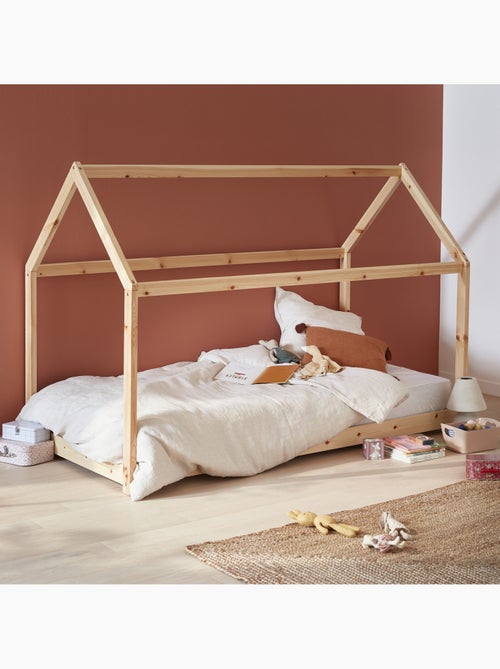 Lit cabane enfant 90 x 190cm pin naturel sommier inclus tobias - Kiabi Lit cabane enfant 90 x 190cm pin naturel sommier inclus tobias - Kiabi