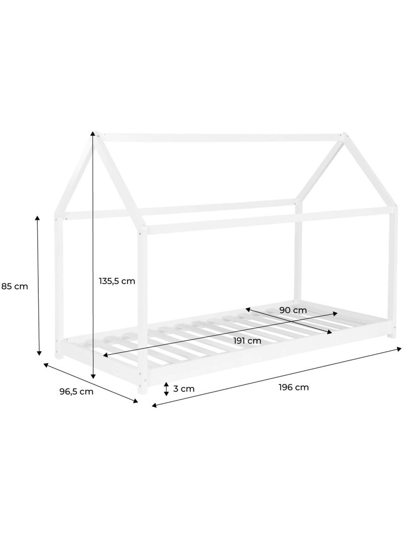 Lit cabane enfant 90 x 190cm pin naturel sommier inclus Tobias Blanc - Kiabi