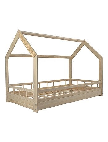 Lit Cabane Maison en Bois Naturel Brut 160x80 cm avec Barreaux