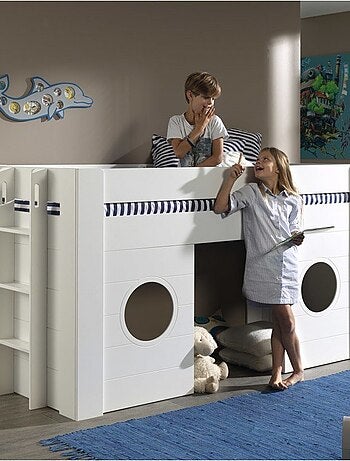 Lit cabane mi-hauteur façade 2 fenêtres imitation bois HENRIK