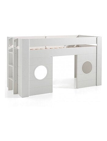 Lit cabane mi-hauteur façade 2 fenêtres imitation bois HENRIK