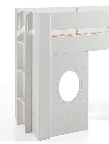 Lit cabane mi-hauteur façade 2 fenêtres imitation bois HENRIK