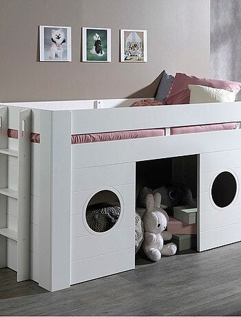 Lit cabane mi-hauteur façade 2 fenêtres imitation bois HENRIK