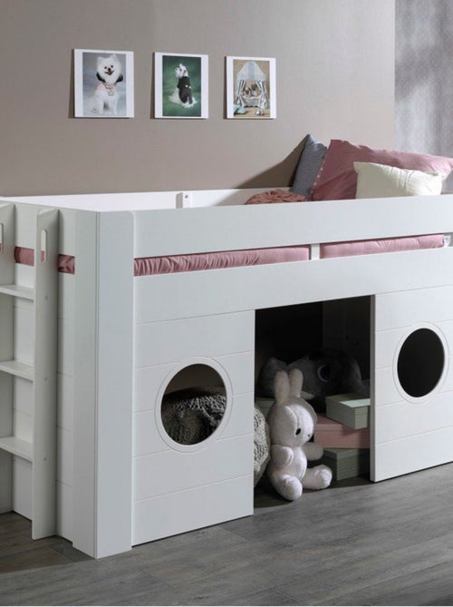 Lit cabane mi-hauteur façade 2 fenêtres imitation bois  HENRIK - Kiabi