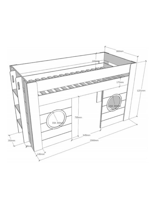 Lit cabane mi-hauteur façade 2 fenêtres imitation bois  HENRIK - Kiabi