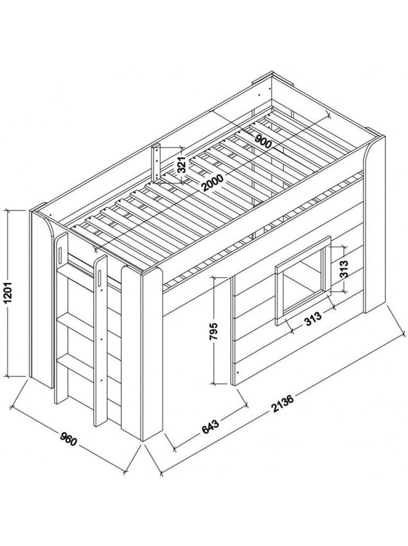 Lit cabane mi-hauteur imitation bois  HENRIK Blanc - Kiabi