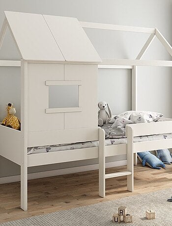 Lit cabane surélevé avec sommier pin massif et imitation bois AMBRE