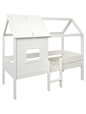 Lit cabane surélevé avec sommier pin massif et imitation bois AMBRE