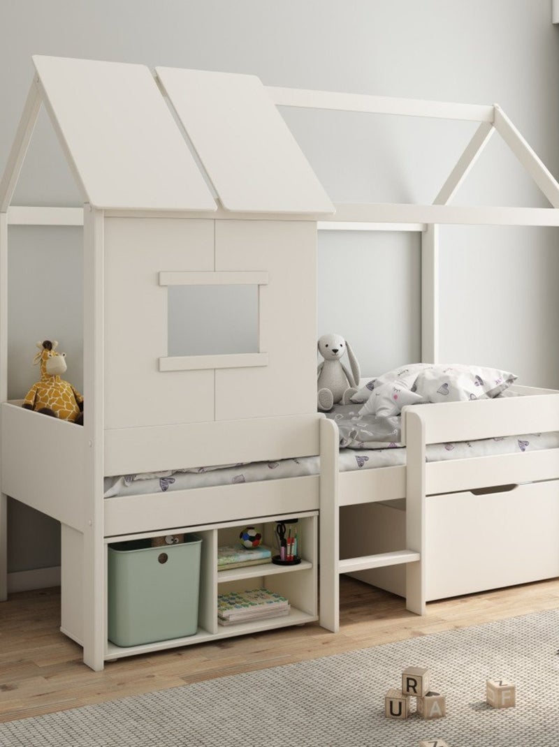 Lit cabane surélevé avec sommier pin massif et imitation bois  AMBRE Blanc - Kiabi