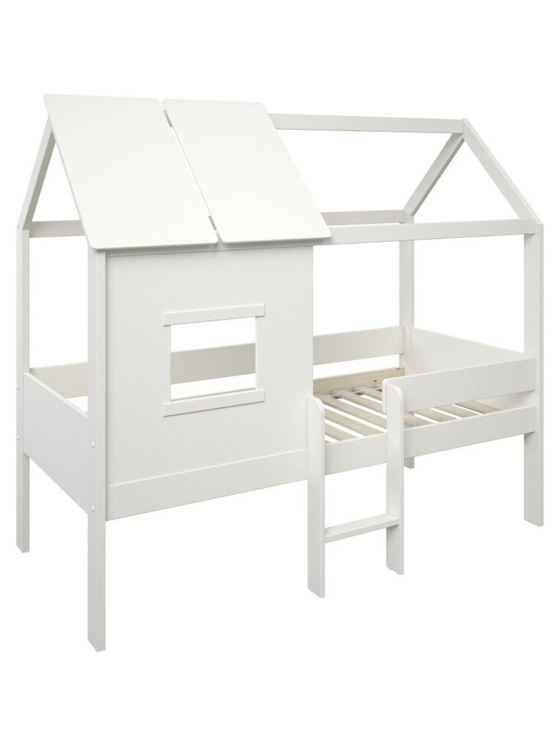 Lit cabane surélevé avec sommier pin massif et imitation bois  AMBRE Blanc - Kiabi