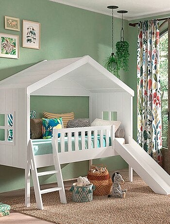 Lit cabane surélevé avec toboggan imitation bois AXEL