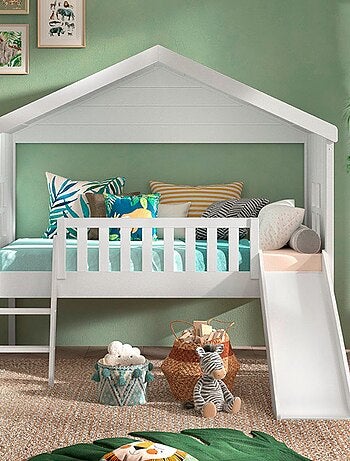 Lit cabane surélevé avec toboggan imitation bois AXEL