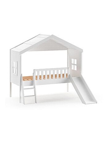 Lit cabane surélevé avec toboggan imitation bois AXEL