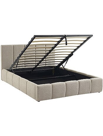 Lit coffre avec sommier à lattes et tête de lit 140 x 190 cm bouclette texturée Lex