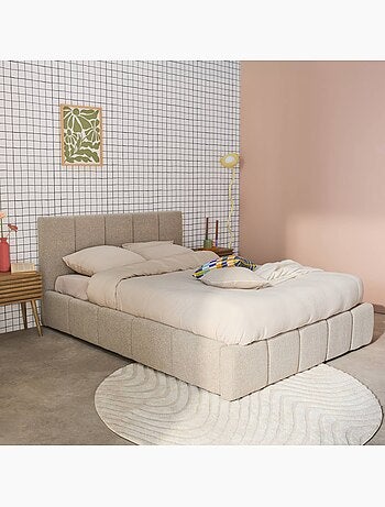 Lit coffre avec sommier à lattes et tête de lit 140 x 190 cm bouclette texturée Lex