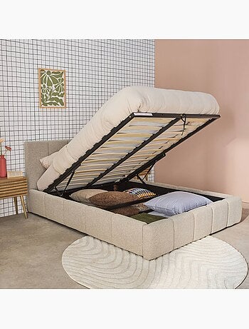 Lit coffre avec sommier à lattes et tête de lit 140 x 190 cm bouclette texturée Lex