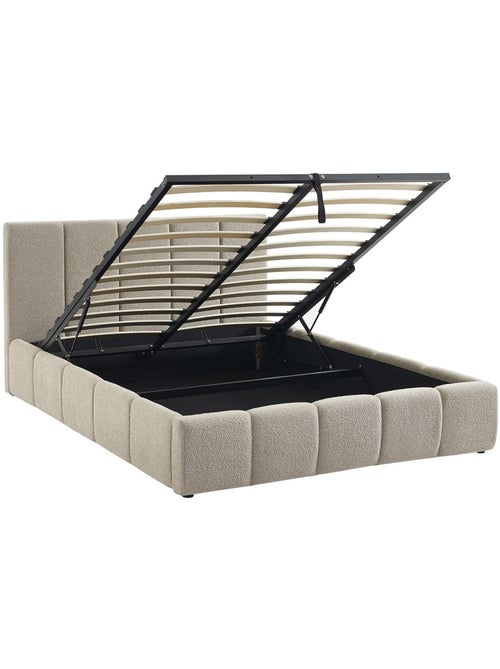 Lit coffre avec sommier à lattes et tête de lit 140 x 190 cm bouclette texturée Lex - Kiabi Lit coffre avec sommier à lattes et tête de lit 140 x 190 cm bouclette texturée Lex - Kiabi