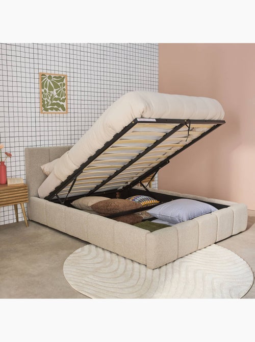 Lit coffre avec sommier à lattes et tête de lit 140 x 190 cm bouclette texturée Lex - Kiabi Lit coffre avec sommier à lattes et tête de lit 140 x 190 cm bouclette texturée Lex - Kiabi