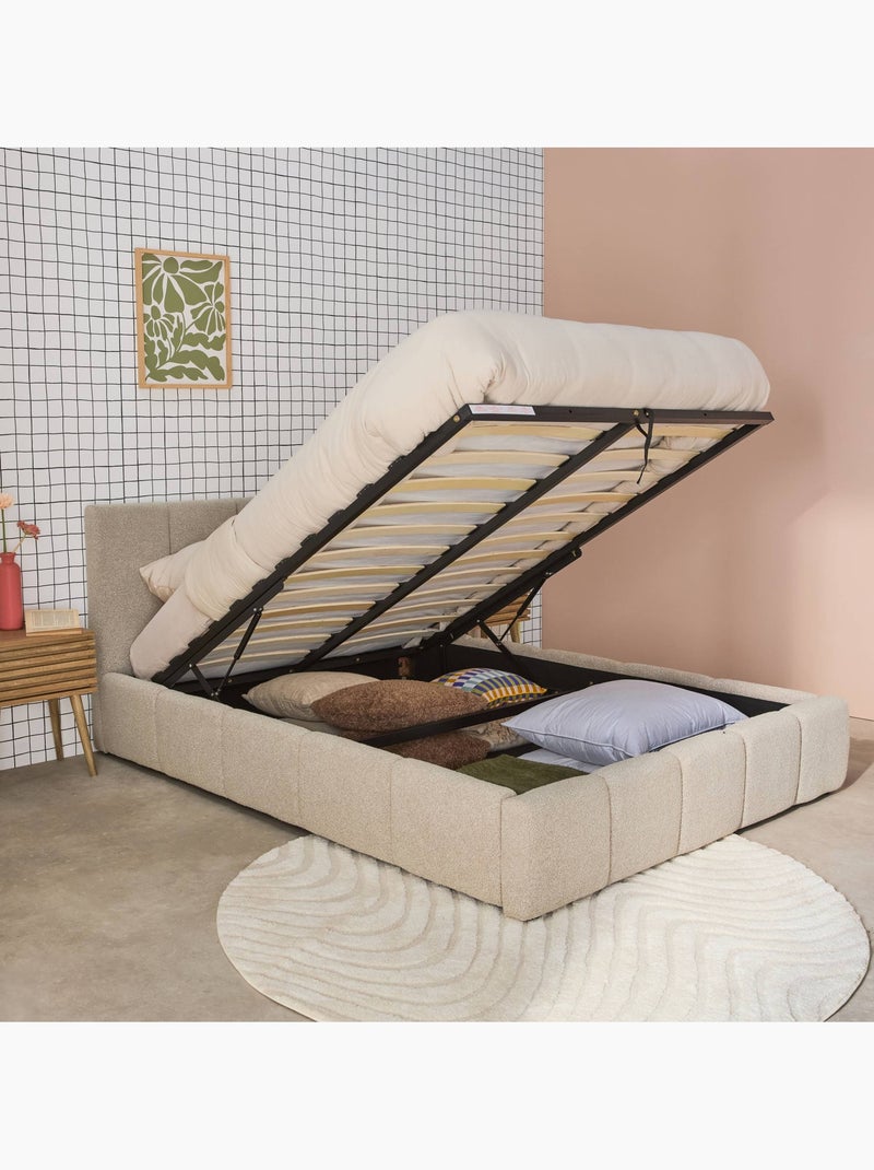 Lit coffre avec sommier à lattes et tête de lit 140 x 190 cm bouclette texturée Lex Beige - Kiabi