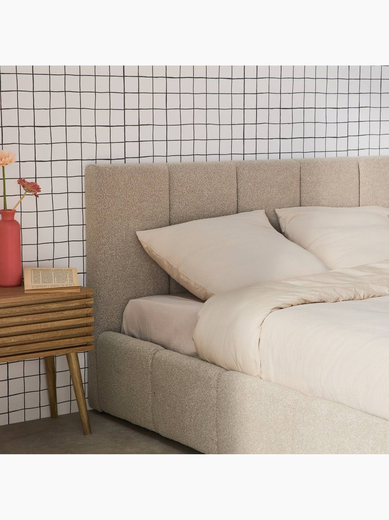 Lit coffre avec sommier à lattes et tête de lit 140 x 190 cm bouclette texturée Lex Beige - Kiabi