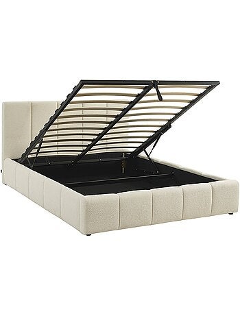 Lit coffre avec sommier à lattes et tête de lit 140 x 190 cm bouclette texturée Lex