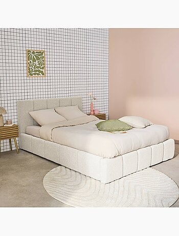 Lit coffre avec sommier à lattes et tête de lit 140 x 190 cm bouclette texturée Lex