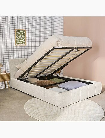 Lit coffre avec sommier à lattes et tête de lit 140 x 190 cm bouclette texturée Lex