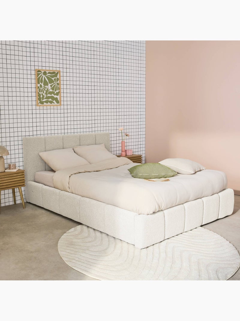 Lit coffre avec sommier à lattes et tête de lit 140 x 190 cm bouclette texturée Lex Blanc - Kiabi