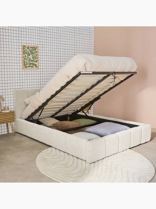 Lit coffre avec sommier à lattes et tête de lit 140 x 190 cm bouclette texturée Lex - Kiabi Lit coffre avec sommier à lattes et tête de lit 140 x 190 cm bouclette texturée Lex - Kiabi