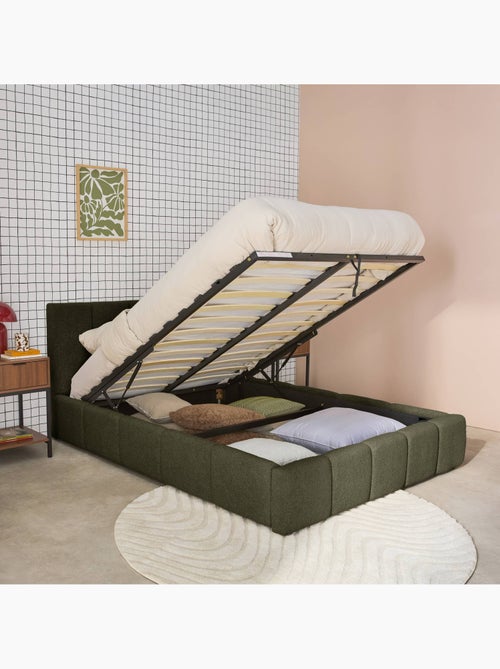 Lit coffre avec sommier à lattes et tête de lit 140 x 190 cm bouclette texturée Lex - Kiabi Lit coffre avec sommier à lattes et tête de lit 140 x 190 cm bouclette texturée Lex - Kiabi