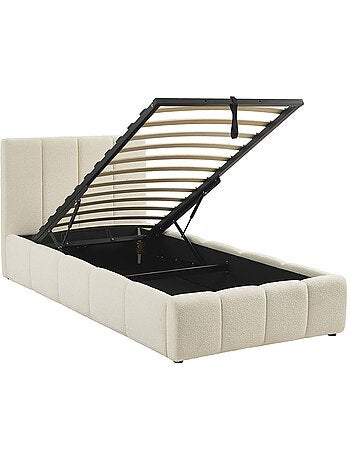 Lit coffre avec sommier à lattes et tête de lit finition bouclette texturée Lex