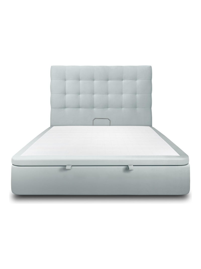 Lit coffre avec tête de lit capitonnée Velours Bleu Gris - Kiabi