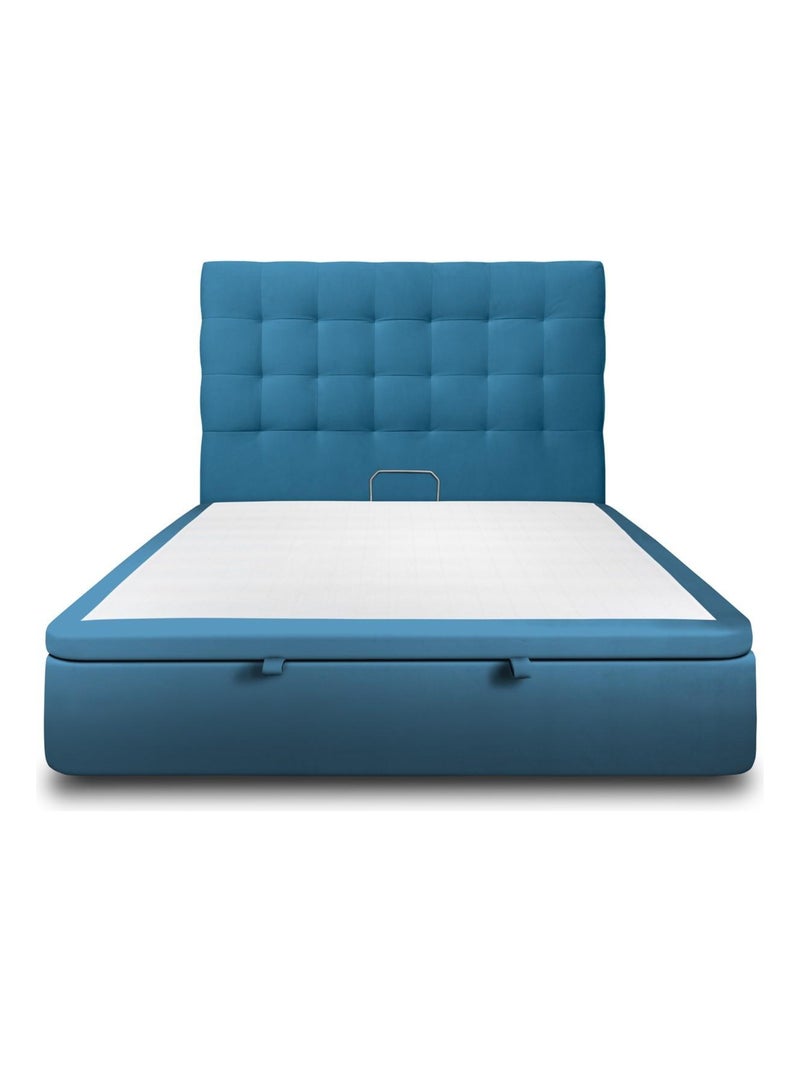 Lit coffre avec tête de lit capitonnée Velours Bleu lagon - Kiabi