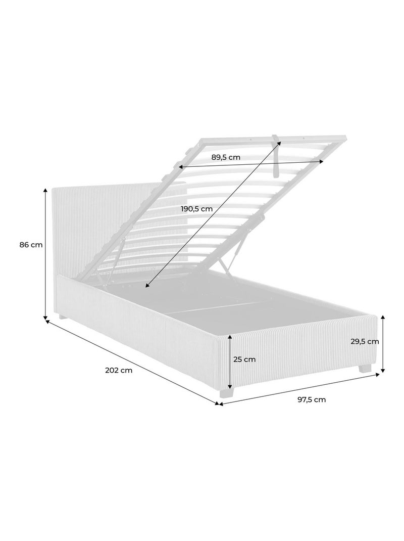 Lit coffre sommier à lattes et tête de lit 90 x 190cm velours côtelé (grosse Avalon Gris - Kiabi