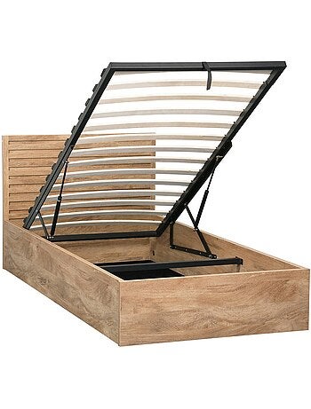 Lit coffre sommier à lattes et tête de lit 90x190cm décor bois Madere