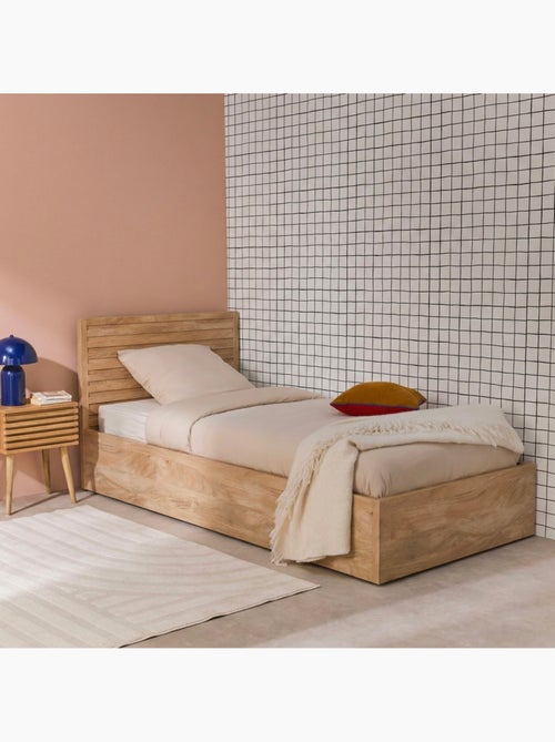 Lit coffre sommier à lattes et tête de lit 90x190cm décor bois Madere - Kiabi Lit coffre sommier à lattes et tête de lit 90x190cm décor bois Madere - Kiabi