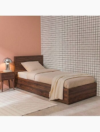 Lit coffre sommier à lattes et tête de lit 90x190cm décor bois Madere