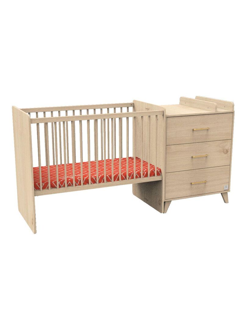 Lit bébé pliant en bois vernis naturel avec matelas et housse (le lot de 7)