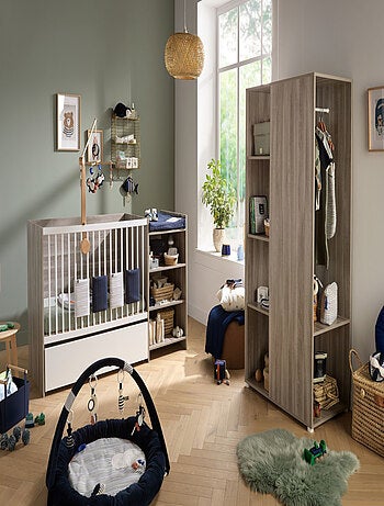 Lit combiné évolutif en décor bois avec commode à langer étagère - BABYPRICE