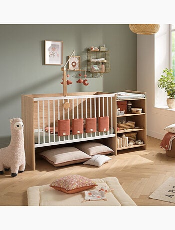 Lit combiné évolutif en décor bois avec commode à langer étagère - BABYPRICE