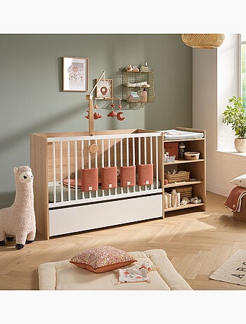 Lit combiné évolutif en décor bois avec commode à langer étagère - BABYPRICE