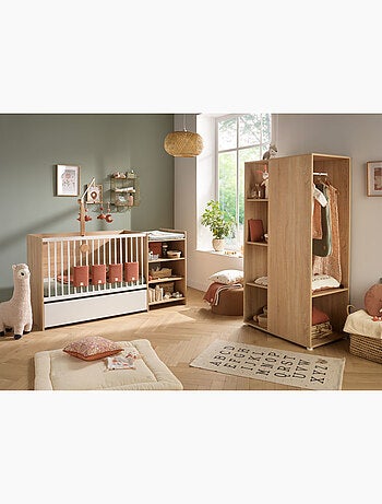 Lit combiné évolutif en décor bois avec commode à langer étagère - BABYPRICE