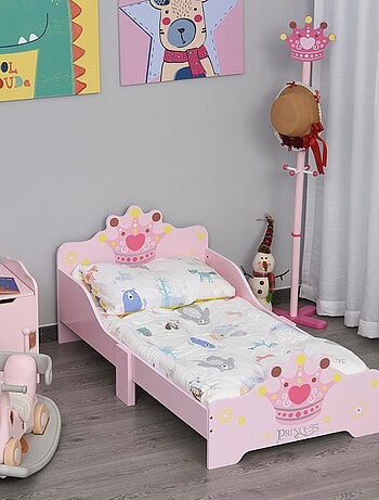 Lit d'enfant design princesse motif couronne - sommier à lattes inclus - MDF contre-plaqué rose