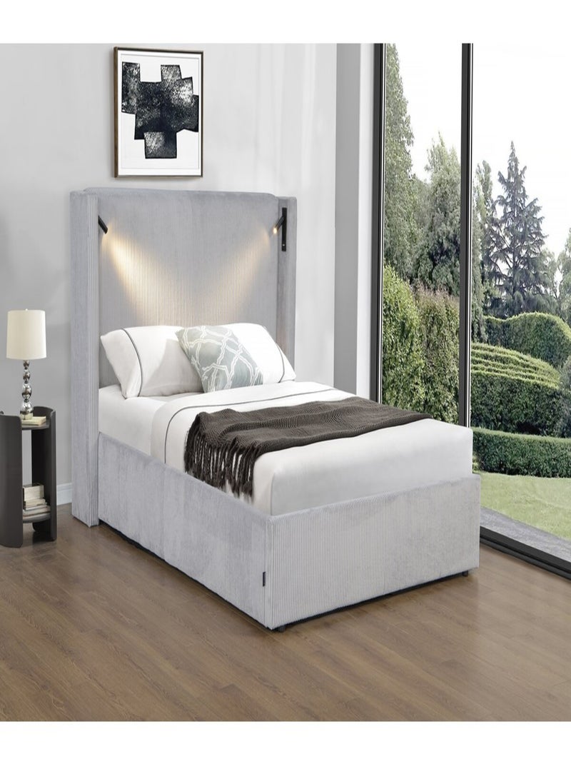 Lit double en velours côtelé avec coffre et lampe intégré "Cortina" - 140 x 190 cm - Gris Gris - Kiabi