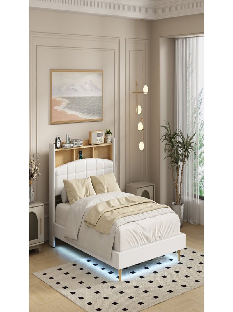 Lit double led avec rangement tête de lit "Sarah" - 140 x 190 cm - Blanc Blanc - Kiabi