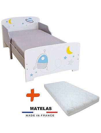 Lit en bois Espace et aventure spatiale 140 cm + Matelas